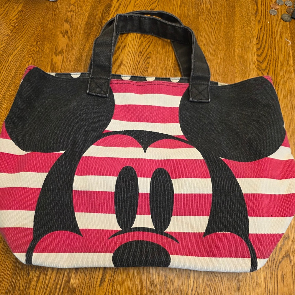 Disney Store Mickey Minnie Mouse Reversible Striped‎ Canvas Tote Shoulder Bag
